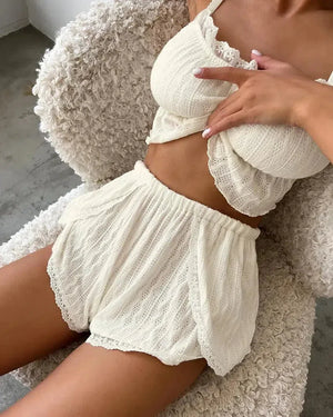 Ruffled Crop Top & Lace Trim Shorts Two Piece Set