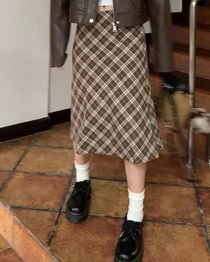 Worry Less Brown Plaid Midi Skirt