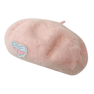 Cotton Candy Fluffy Beret with Heart Patch