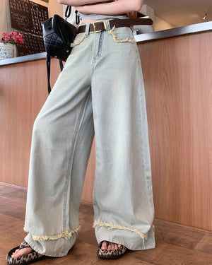 Light Blue Frayed Wide-Leg Jeans