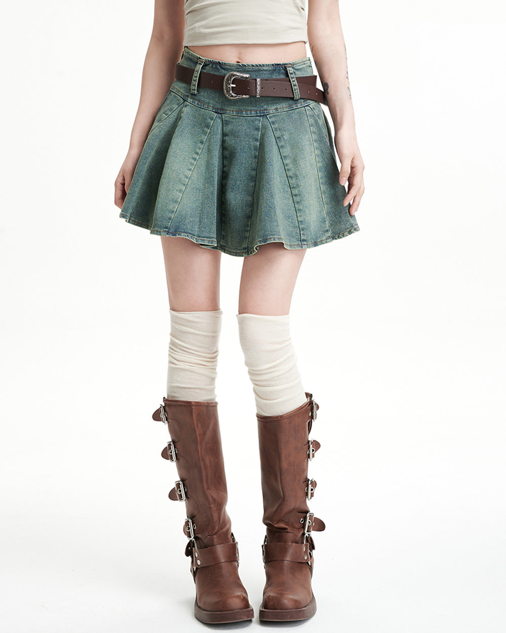 90s Grunge Pleated Denim Mini Skirt