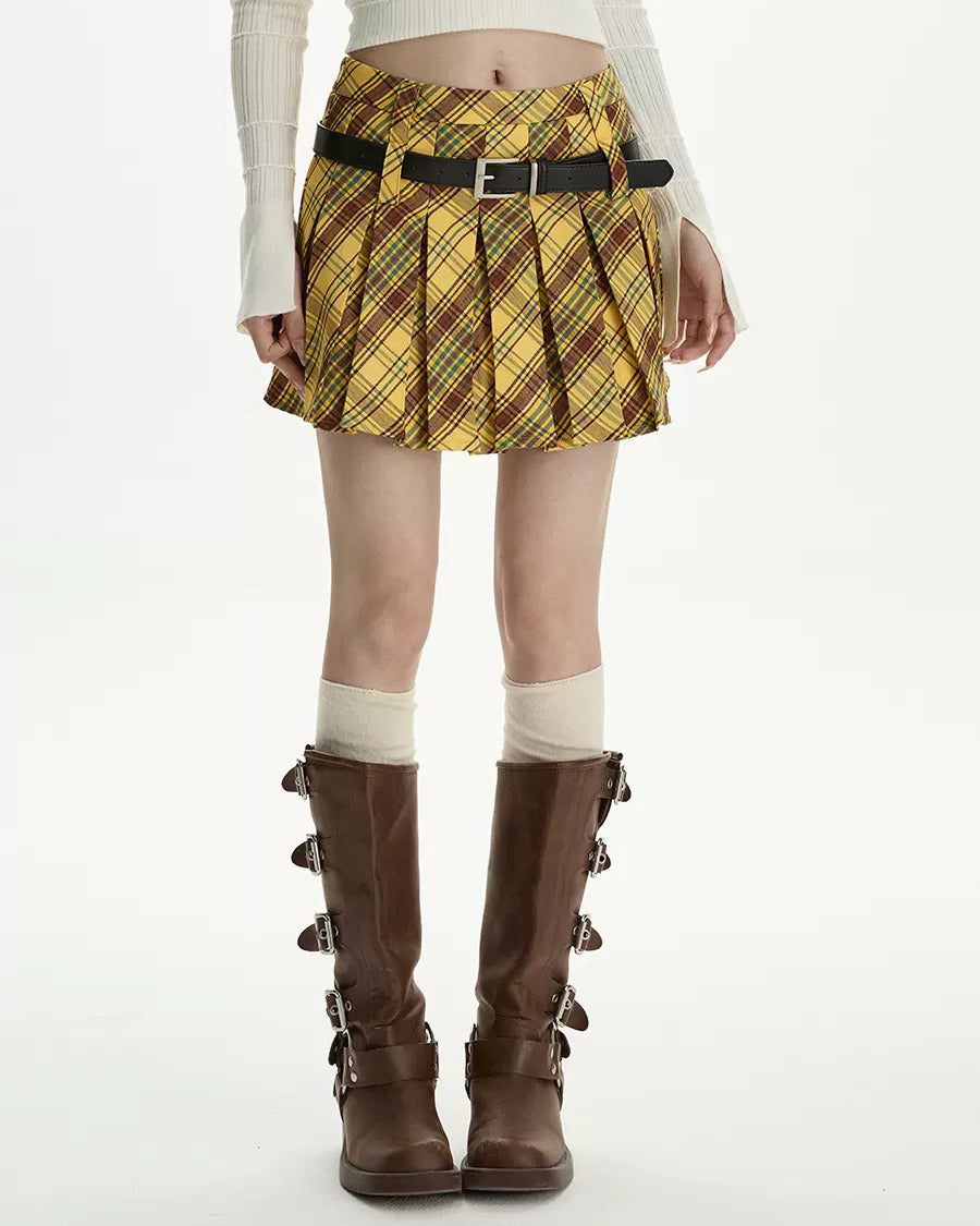 Double Belt Plaid Pleated Skirt in Yellow