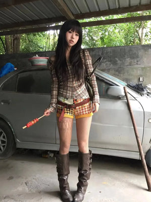 Deep V Neck Plaid Top