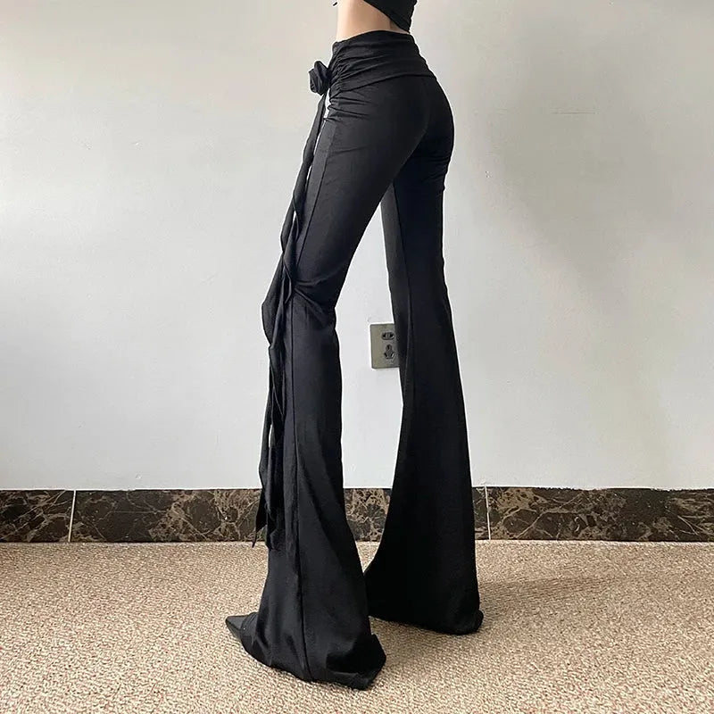 Goth Ruched Flower Flare Pants