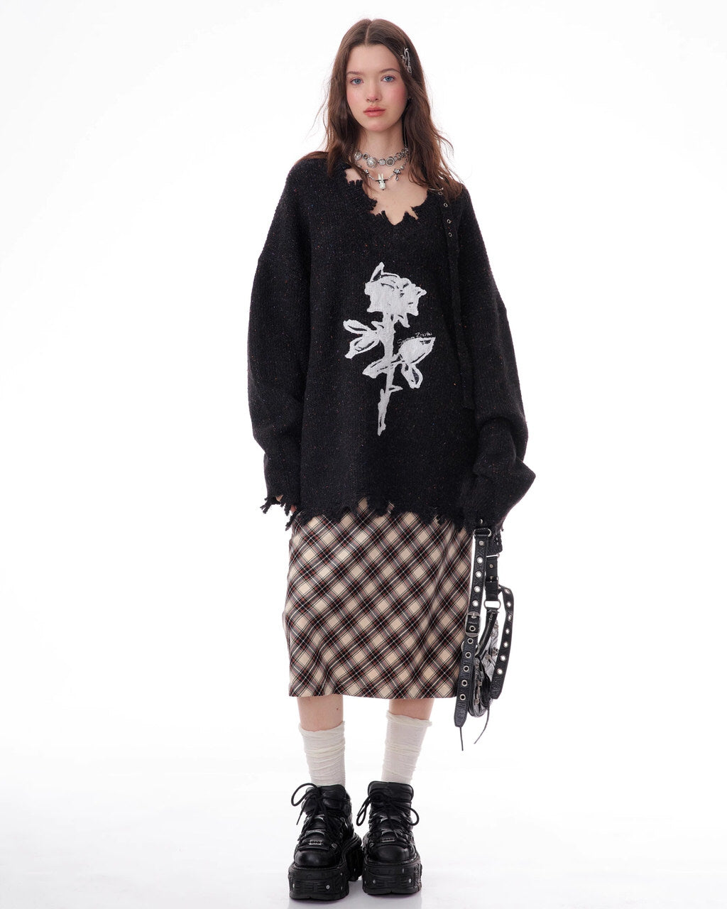 Distressed Rose Print Sweater