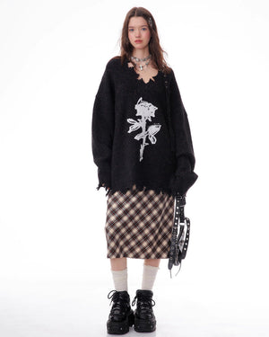Distressed Rose Print Sweater