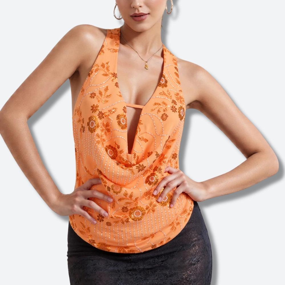 Plunge Neck Sequined Beaded Top