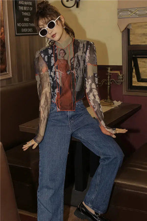 Vintage Asymmetric Patch Mesh Top