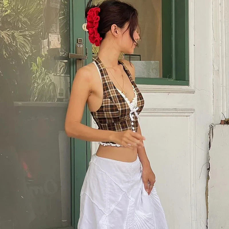 Vintage Plaid Halter Neck Top