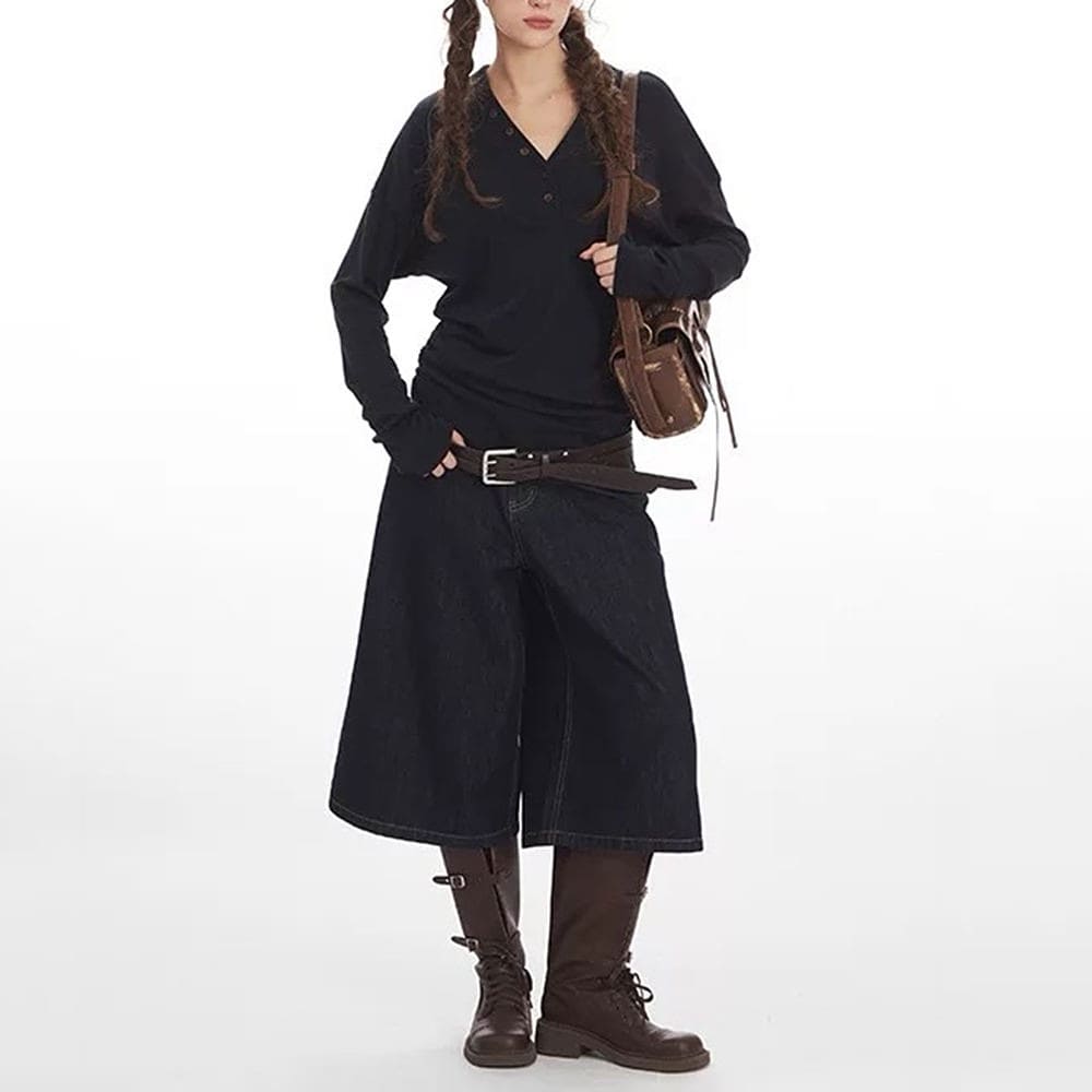 Aesthetic Loose Fit Button V-Neck Top