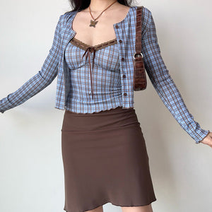 Gossip Goes Around Plaid Top + Cardigan Set