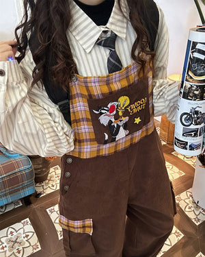Brown Corduroy 90s Cartoon Dungarees