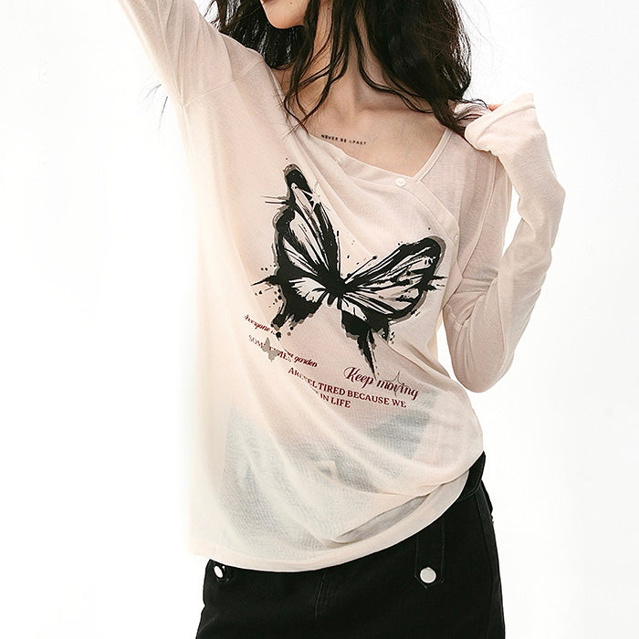 Butterfly Print See Through Top