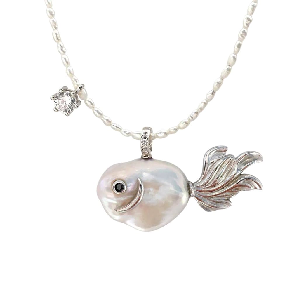 Coquette Pearl Fish Charm Necklace