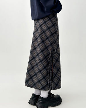 Dark Academia Plaid Side-Slit Skirt