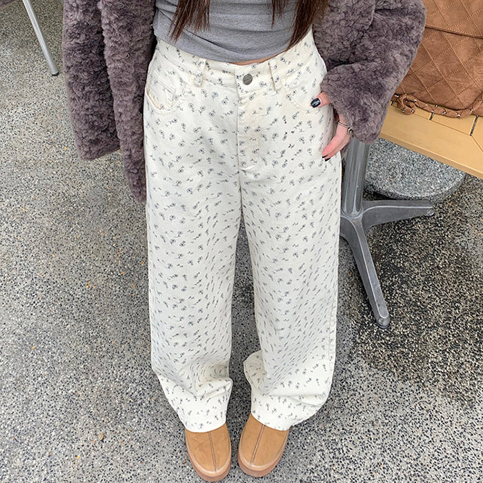 Vintage Aesthetic Floral Print Cord Pants