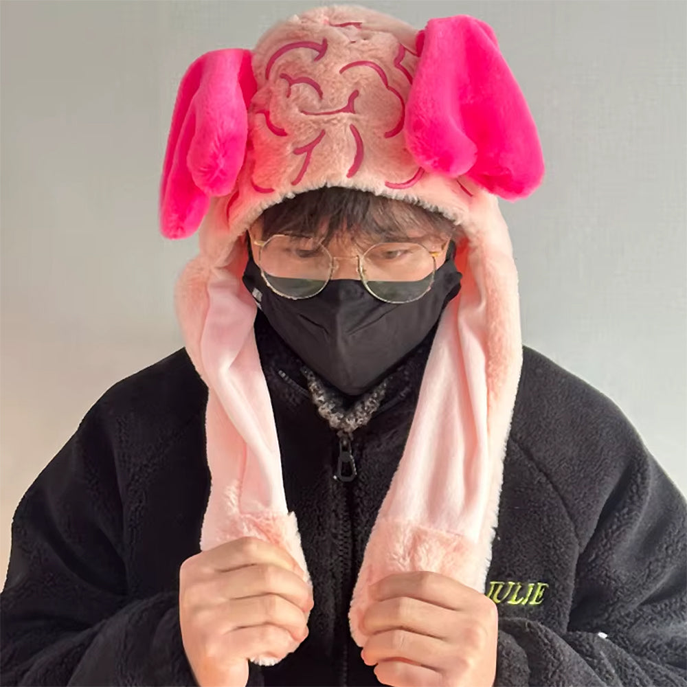 Fluffy Brain Hat with Heart Ears