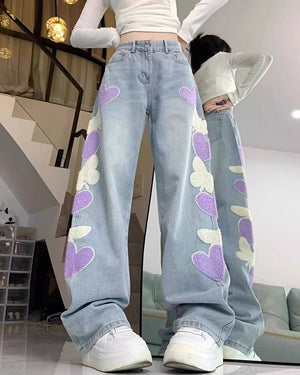 Sweet Attitude Heart Patch Wide-Leg Jeans