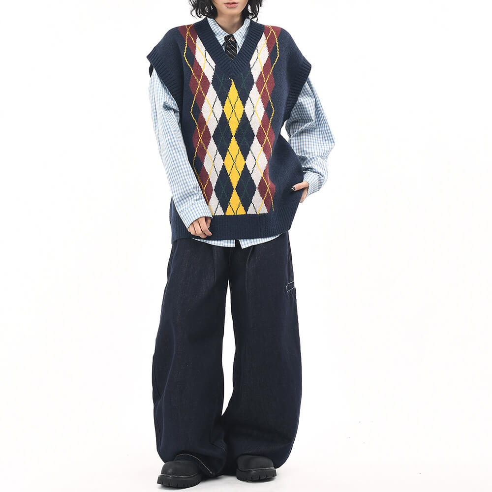 Oversized Argyle V-Neck Grandpa Knit Vest