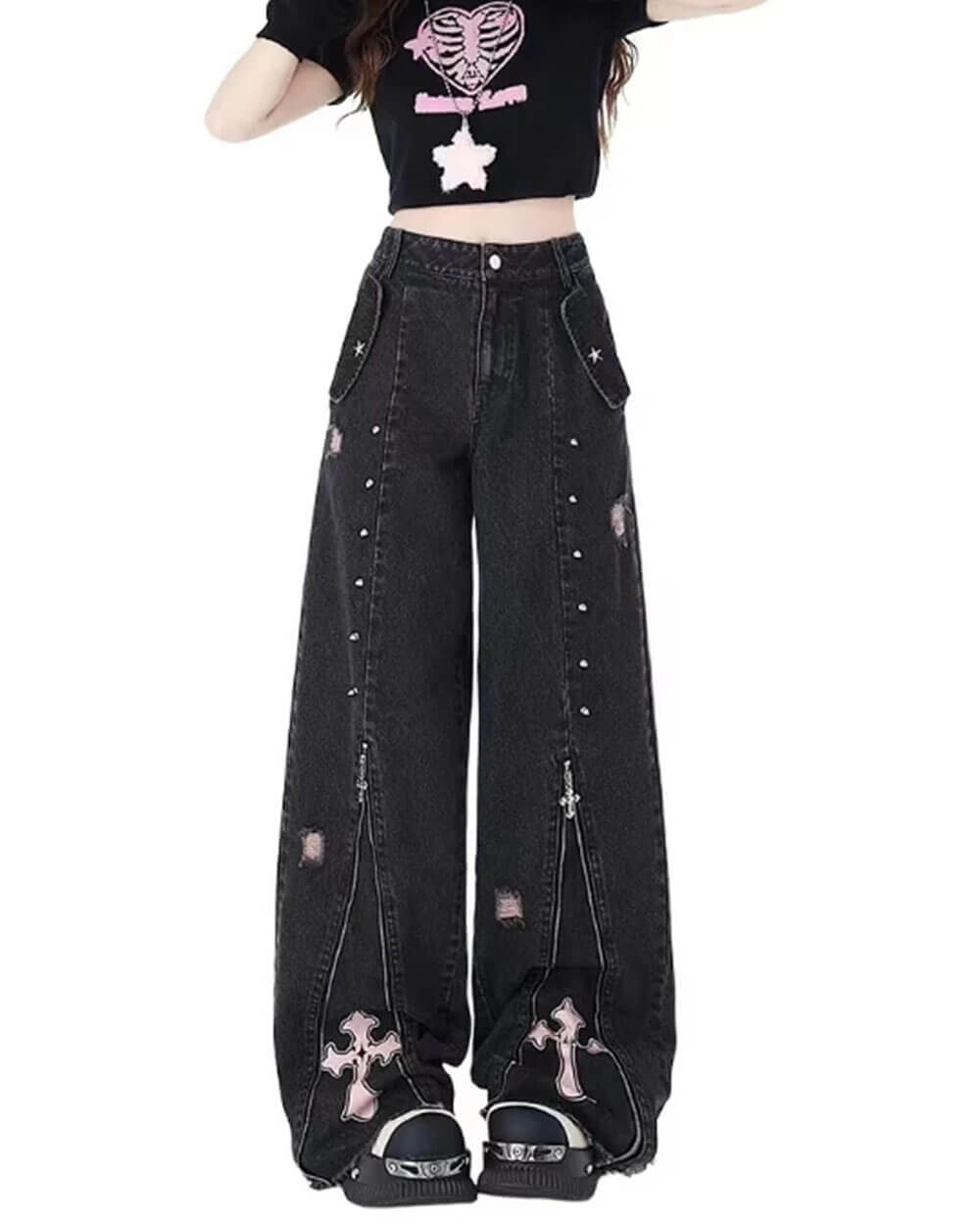 Pastel Goth Cross Baggy Jeans