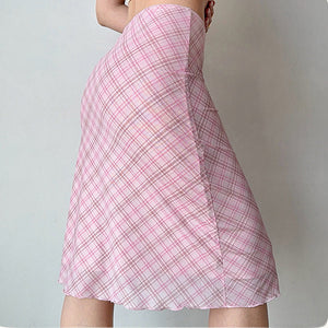 Soft Girl Plaid Mesh Midi Skirt