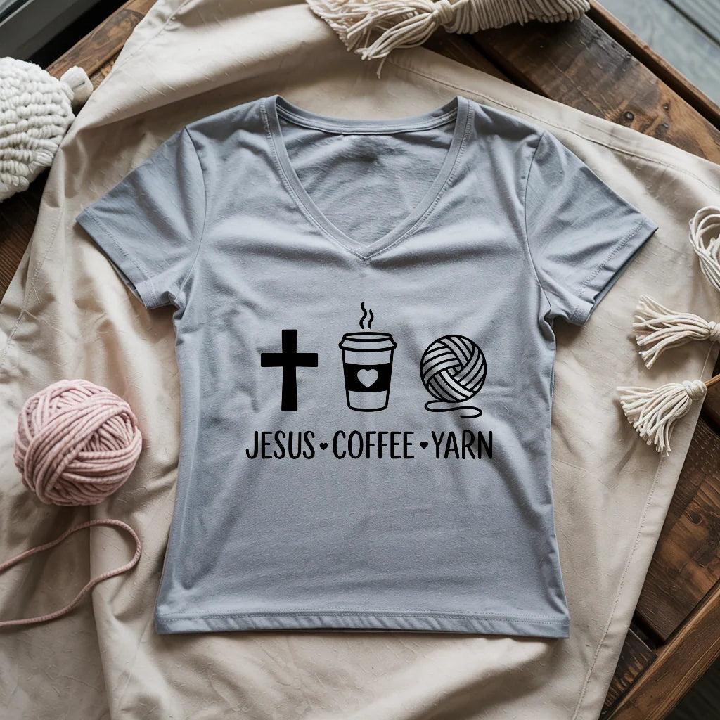 Jesus, Coffee and Yarn Lady V-neck