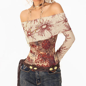 Sun Print Mesh Off-Shoulder Top