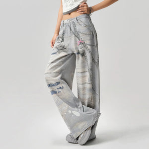Washed Grey Y2K Chain Print Jeans