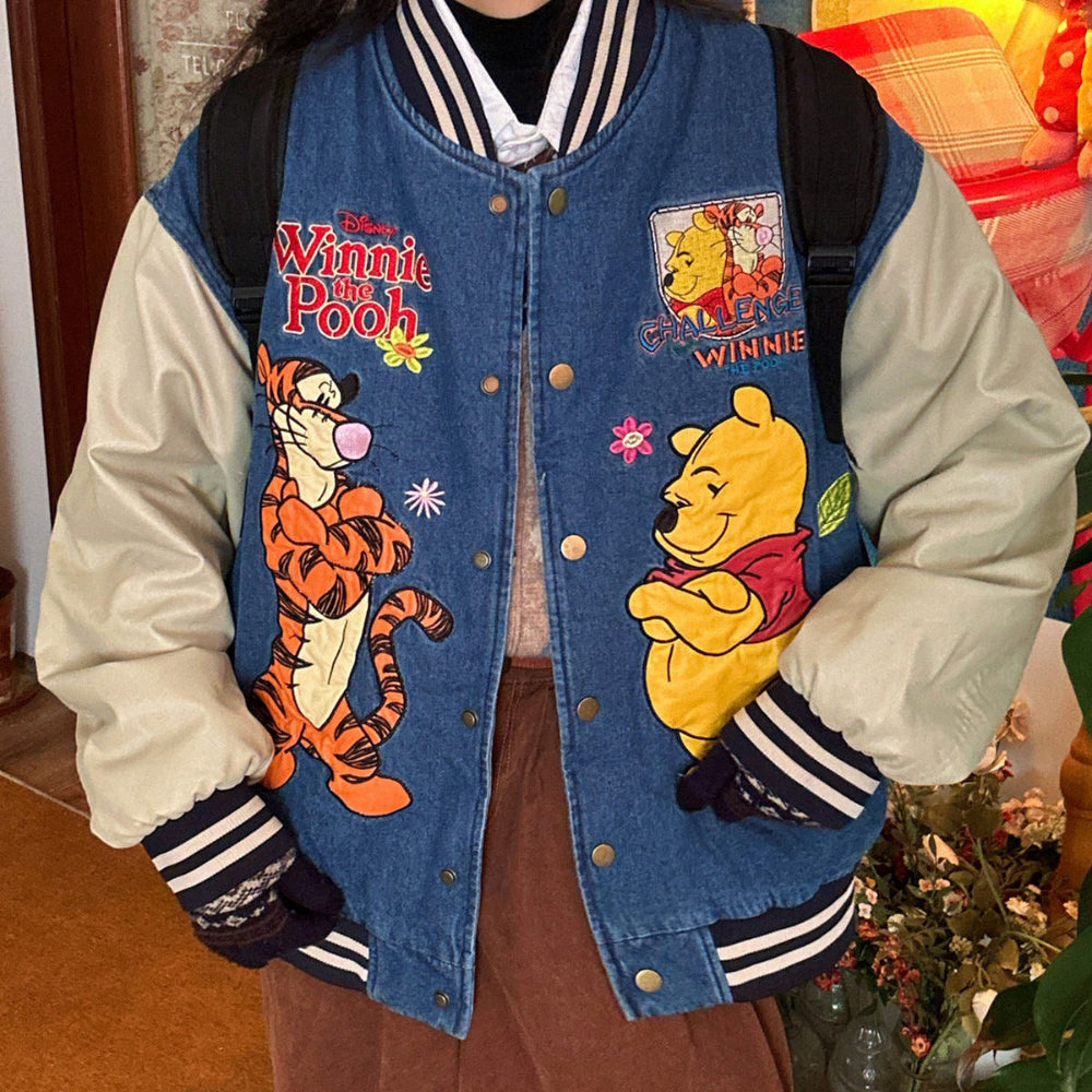 Cartoon Embroidery Denim Bomber Jacket