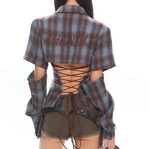 Y2K Western Lace-Up Backless Plaid Shirt